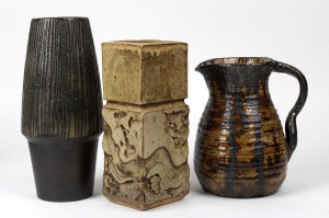 HATTON BECK pottery jug, ELLIS pottery vase and a square form pottery vase, (3 items), the largest 30cm high