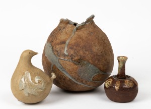 SYLVIA HALPERN pottery bird ornament and two pottery vases, (3 items), all with signature marks to base, the largest 19cm high