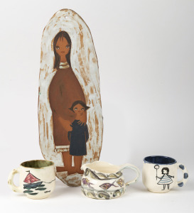 SYLVIA HALPERN pottery wall plaque with mother and child; together with a pottery jug and two mugs with hand-painted decoration, (4 items), all with signature marks, the plaque 43cm high