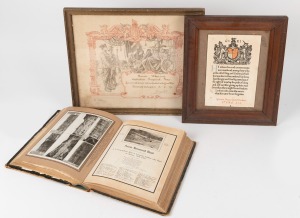 Two framed WWI military certificates and a WWI publication, (3 items)