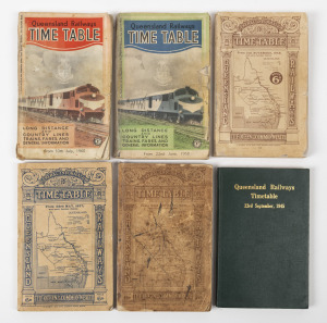 QUEENSLAND: Group of six Queensland Railways Timetable books, comprising the years 1936, 1937, 1945, 1948, 1958, and 1960.