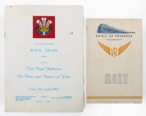 1983 ROYAL VISIT: Seven-page circular distributed to railway workers for April 15th 1983, "Let us all show we are worthy of the trust reposed in us", together with a c. 1950s Spirit of Progress dining car menu.