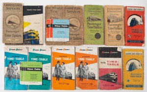 VICTORIAN RAILWAYS: Group of twelve Country Lines Services timetable booklets spanning the years 1933 to 1963, plus seven 1956-1958 Victorian Railways timetable pamphlets.