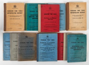 Group of fourteen Victorian Railways working timetable books spanning the years 1889 to 1968, including North-Eastern, Eastern, Western and South Western, and Metropolitan districts.