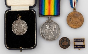 BRITISH WAR MEDAL 1914-1918 impressed to "5092 L-CPL F.O. ELLIOTT. 10 BN. A.I.F." with 8th and 10th Infantry bars; an WW1 era AMF jacket button, a 1919 "THE TRUIMPH OF LIBERTY AND JUSTICE medallion by Stokes, and a 1953 Coronation medallion.