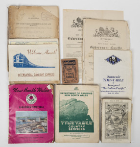 1893 NSW Government Railways & Tramways Annual Report of Railway Commissioners, together with four late 1800s NSW Government Gazette supplements regarding rail affairs, plus six different NSW passenger timetables.
