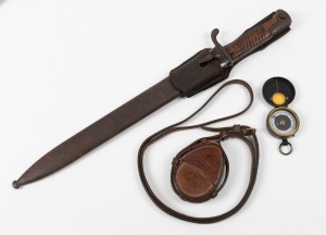 A WWI German "Butcher's" bayonet in metal scabbard; together with a pocket compass in original leather case, (2 items), the bayonet 49cm long overall