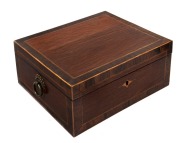 An antique beefwood work box, handsomely crafted with fitted lift-out tray and decorative parquetry detail under the lid, made in England from Australian and exotic timbers, 19th century, 13cm high, 31cm wide, 25.5cm deep