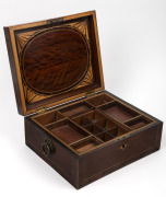 An antique beefwood work box, handsomely crafted with fitted lift-out tray and decorative parquetry detail under the lid, made in England from Australian and exotic timbers, 19th century, 13cm high, 31cm wide, 25.5cm deep - 2