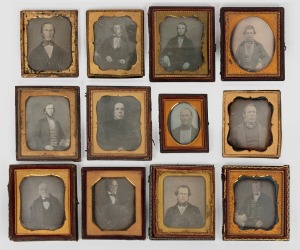 Group of twelve daguerreotype antique photograph portraits of men, circa 1840s - 1860s
