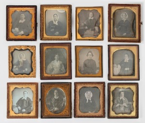 Group of twelve antique daguerreotype photograph portraits of women, circa 1850