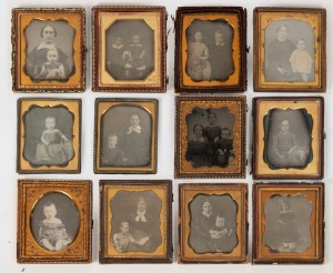 Group of twelve antique daguerreotype photograph portraits of children, group shots etc, circa 1850