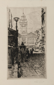 "THE MELBOURNE SET, ETCHINGS BY JOHN SHIRLOW", [published by Edward A. Vidler, Melbourne, 1920]. Limited edition of 80 copies, this folio numbered 14 and signed by the artist. Hard cover featuring six tipped-in etchings, each signed by John Shirlow with t