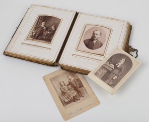 Antique leather bound photograph album of cabinet portraits and cartes-de-visite, including South Australian Fire Brigade and masonic interest, 19th century. Inspection will reward.