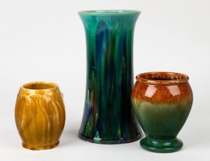 HOFFMAN blue and green pottery vase; together with a South Australian green and brown pottery vase and a yellow glazed pottery vase with incised signature (illegible), (3 items), ​​​​​​​the largest 26cm high.