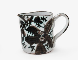 JOHN PERCEVAL pottery jug with hand-painted trumpet player, tree and dog decoration, incised "Perceval", ​​​​​​​9cm high.