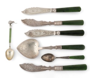 Seven assorted antique New Zealand greenstone and sterling silver knives and spoons, New Zealand and English origin, 19th/20th century, the largest 15cm long.