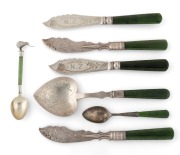 Seven assorted antique New Zealand greenstone and sterling silver knives and spoons, New Zealand and English origin, 19th/20th century, ​​​​​​​the largest 15cm long.