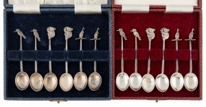 Two boxed sets of six Australian silver teaspoons with native fauna motifs, both appear to be manufactured by the same firm, but are stamped and retailed by WILLIAM DRUMMOND & Co. of Melbourne, and PROUD'S of Sydney, 20th century, each spoon 9cm high.