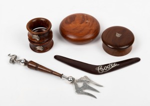STOKES & SONS Australian blackwood and silver plated bread fork with emu finial, timber and silver "COOEE" boomerang letter opener, together with four items of Australian treen ware, three with silver map adornment, 19th/20th century, (6 items), ​​​​​​​th