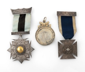 HENRY STEINER Australian silver gilt finished prize medal engraved "MRS. MARTINS SCHOOL. 1 PRIZE, 1883", stamped "H. STEINER" flanked by lion and crown marks; together with two antique New Zealand silver prize medals, one engraved "FITZROY ROWING CLUB Swimming Race In RIVER THAMES, 440 Yards In Rowing Cloths, 1st Prize Won By M. BUTLER 12 July, 1884" ; the other engraved "O.R.C. MILE RACE, 2nd Price R. EASTON, Aug. 7th, 1893", (3 items).