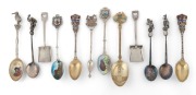 Twelve assorted silver teaspoons with Australian and New Zealand themes, 20th century, ​​​​​​​the largest 12.5cm high, 171 grams.