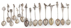 Sixteen assorted silver teaspoons with Australian animal decoration, 20th century, the largest 12cm high, 170 grams total.