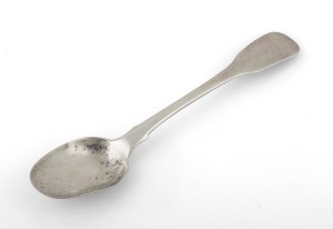 DAVID BARCLAY rare Colonial Australian silver fiddle pattern teaspoon, Tasmanian origin, circa 1835, stamped "D.B." with lion passant, "A", and monarch's head, 15cm long, 18 grams total.