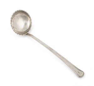 A Colonial Australian silver sauce ladle with engraved owner's gothic "F" initial, mid 19th century, stamped "K", kangaroo, crown, and monarch's head, 18cm long, 38 grams. Note: This is associated with previous lots in this sale (400 and 400a).