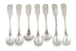 Antique Colonial Australian silver fiddle and thread pattern parfait and mustard spoons with engraved owner's gothic "F" initial, mid 19th century, (7 items), each stamped with the letter "K", kangaroo, crown, and monarch's head, 11.5cm and 10cm long, 107 grams total.