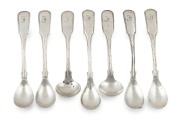 Antique Colonial Australian silver fiddle and thread pattern parfait and mustard spoons with engraved owner's gothic "F" initial, mid 19th century, (7 items), each stamped with the letter "K", kangaroo, crown, and monarch's head, 11.5cm and 10cm long, 107