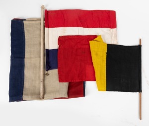 Three c. 1945 flags, two French and one Belgian, the largest 1 x 1.3m, brought back to Australia as souvenirs of war by Bruce Andrew MBE, prominent Collingwood footballer and later VFL administrator and commentator, as part of his RAAF service.