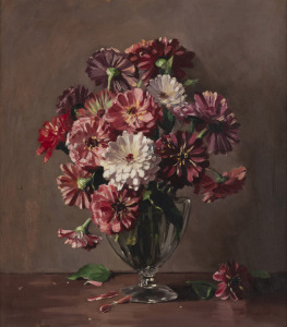 HARLEY CAMERON GRIFFITHS (1908-1981), (zinnias), oil on canvas, signed and dated lower right "H. Griffiths, '47", 58 x 51cm, 68 x 60cm overall.