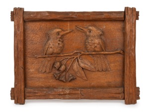 RUDOLF PRENZEL carved eucalypt plaque with two kookaburras, gumnuts, blossoms and leaves, early to mid 20th century, signed lower right "Rudolf Prenzel, Melbourne", 32 x 43cm overall.
