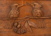 RUDOLF PRENZEL carved eucalypt plaque with two kookaburras, gumnuts, blossoms and leaves, early to mid 20th century, signed lower right "Rudolf Prenzel, Melbourne", ​​​​​​​32 x 43cm overall. - 3