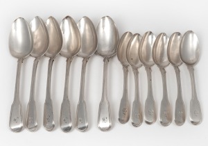 Antique English and Dutch silver fiddle and thread pattern dessert spoons (6) and tablespoons (6), with engraved owner's gothic "F" initial , early 19th century, (12 items), makers include Pieter Las Van Bennekom of Amsterdam, circa 1820-1822 and Richard Crossley & George Smith of London, circa 1809, the tablespoons 22cm long, 774 grams total. Note: This group of flatware is an extended set associated with the previous lots in this sale (400 and 400b).