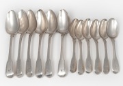 Antique English and Dutch silver fiddle and thread pattern dessert spoons (6) and tablespoons (6), with engraved owner's gothic "F" initial , early 19th century, (12 items), makers include Pieter Las Van Bennekom of Amsterdam, circa 1820-1822 and Richard 