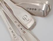 Antique English and Dutch silver fiddle and thread pattern dessert spoons (6) and tablespoons (6), with engraved owner's gothic "F" initial , early 19th century, (12 items), makers include Pieter Las Van Bennekom of Amsterdam, circa 1820-1822 and Richard - 2