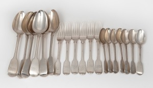 Antique English fiddle pattern flatware comprising of six table forks, seven teaspoons and six tablespoons, each with engraved owner's initials "R.H.C." (RICHARD and HARRIET CLEBURNE married in Hobart on the 14th March 1838), (19 items), makers include William Johnson of London (circa 1833), George Adams for Channer & Co. of London (circa 1851) and Mary Chawner of London (circa 1834), the tablespoons 22cm long, 1,016 grams total.