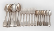 Antique English fiddle pattern flatware comprising of six table forks, seven teaspoons and six tablespoons, each with engraved owner's initials "R.H.C." (RICHARD and HARRIET CLEBURNE married in Hobart on the 14th March 1838), (19 items), makers include Wi