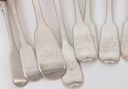 Antique English fiddle pattern flatware comprising of six table forks, seven teaspoons and six tablespoons, each with engraved owner's initials "R.H.C." (RICHARD and HARRIET CLEBURNE married in Hobart on the 14th March 1838), (19 items), makers include Wi - 2