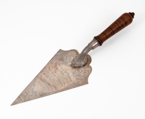 An antique Australian silver presentation trowel with fiddleback blackwood handle, stamped "Molyneux, Silver", engraved "This Trowel Was Presented By The Richmond Branch R.S. & S.I.L.A. To His Excellency The Governor of Victoria, The Earl Of Stradbroke, 