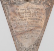 An antique Australian silver presentation trowel with fiddleback blackwood handle, stamped "Molyneux, Silver", engraved "This Trowel Was Presented By The Richmond Branch R.S. & S.I.L.A. To His Excellency The Governor of Victoria, The Earl Of Stradbroke, - 2