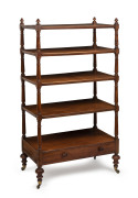 ANDREW LENEHAN Colonial five tier wotnot/folio stand with single drawer, rare rose mahogany and cedar construction with finely carved tulip columns, Sydney origin, circa 1848, circular makers label in drawer, 137cm high, 75cm wide, 42cm deep.