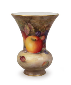 ROYAL WORCESTER English porcelain vase with hand-painted fruit decoration, signed "R. Sebright", puce factory mark to base, 15cm high.
