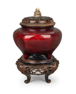 An antique Japanese pigeon blood cloisonne enamel koro with carved timber lid adorned with carved ivory finial and carved timber base, Meiji Period, 19th/20th century, ​​​​​​​18cm high overall.