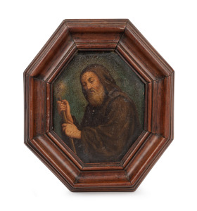 An antique miniature icon of St. Benedict, hand-painted on timber panel, 18th/19th century, ​​​​​​​13 x 12cm overall.