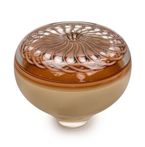 PETER BOWLES "Ribbon Encalmo in tea and bronze with cream" Australian art glass vase with certificate of authenticity signed by Peter Bowles, 19cm high, 22cm diameter