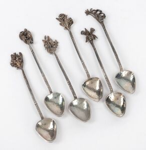 HARRIS & SON set of six Australian silver coffee spoons adorned with wildflower finials, stamped "STG", approximately 10cm long, 53 grams total