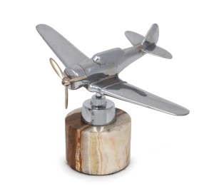 A vintage nickel plated aeroplane ornament mounted on green onyx base, mid 20th century, 14cm high, 22cm wide.